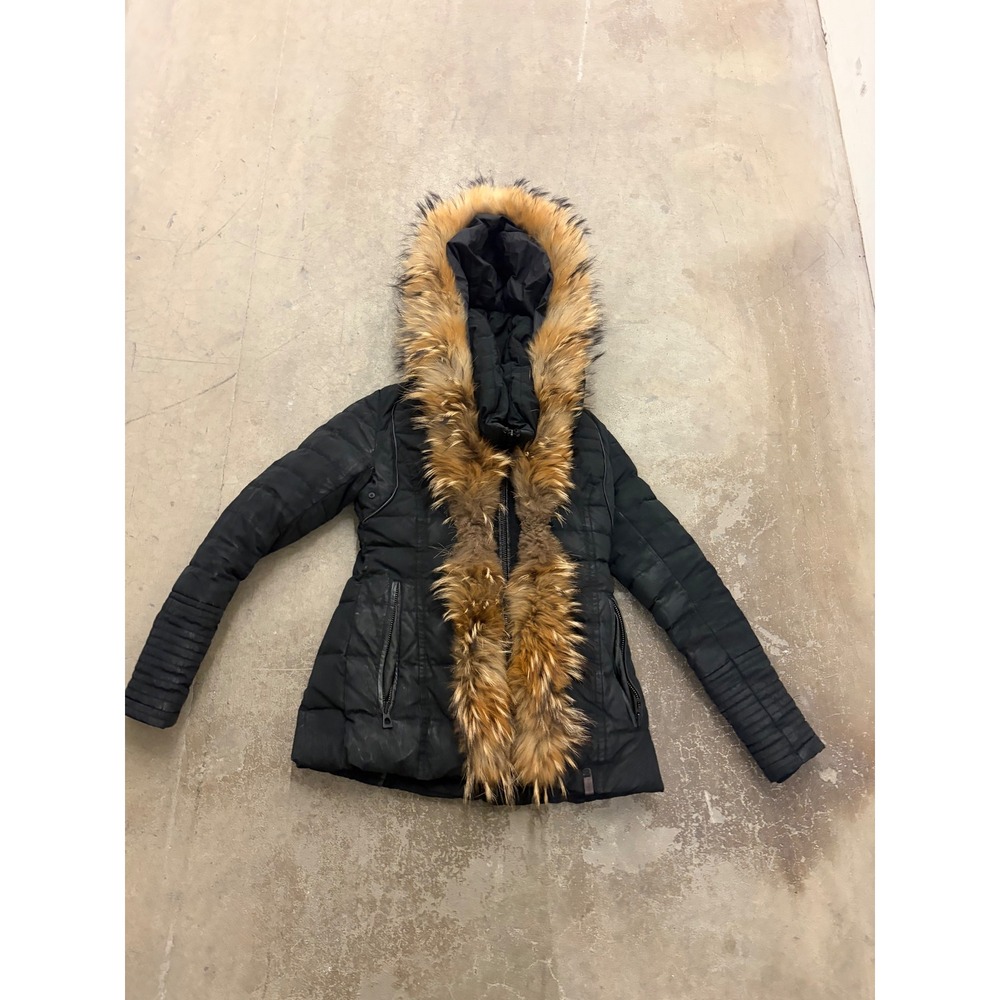 Rudsak Black Down Puffer Jacket Natural Fur Trim Hooded Parka XS